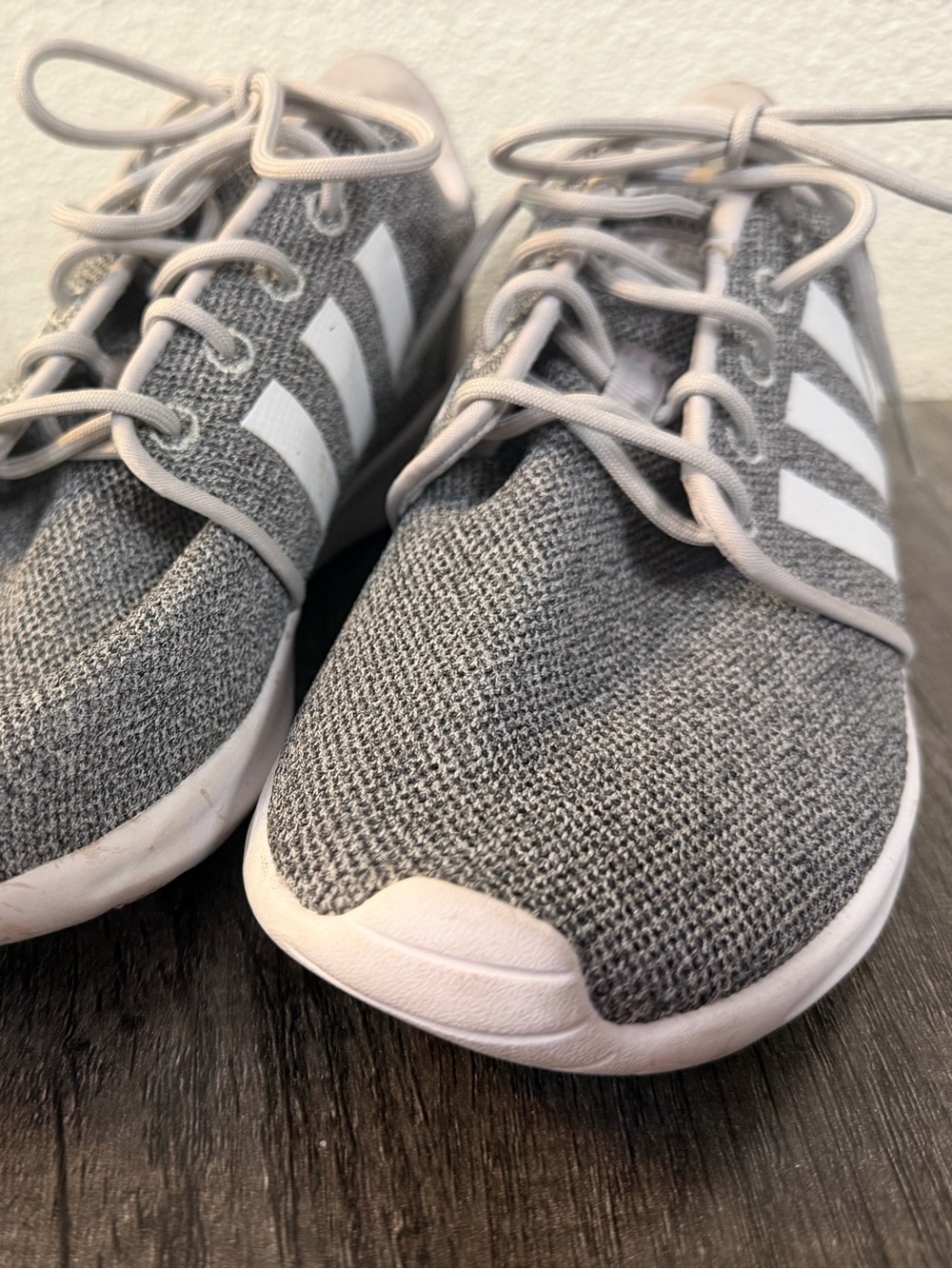 adidas Women's Grey Knit Athletic Sneakers with White Stripes
